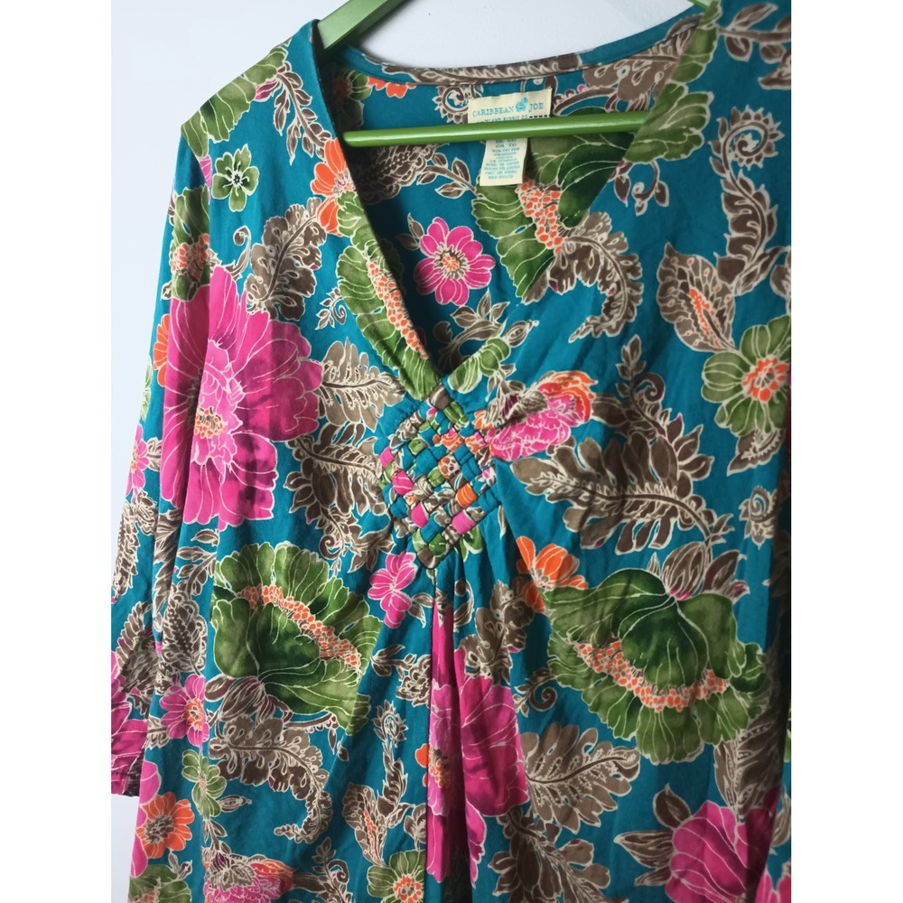 Caribbean Joe Womens XL Floral Tropical V-Neck 3/4 Sleeve Top Lattice Detail - Picture 2 of 5